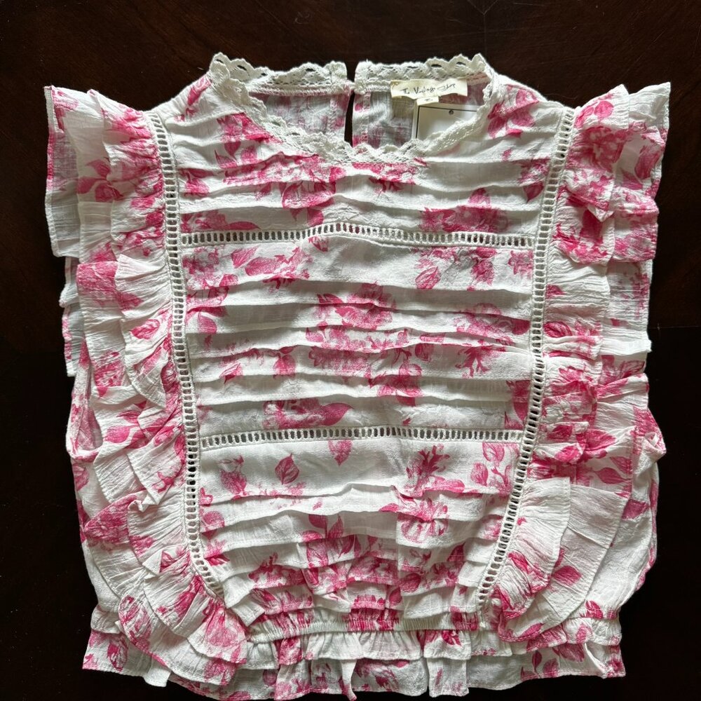 Romantic Pink & White Ladder-Lace Crop Top, Ruffle Sleeve NWT